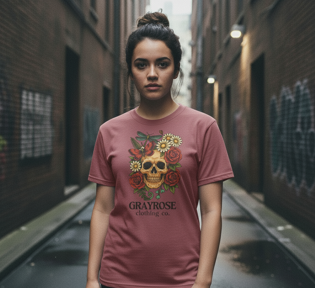 Person wearing a pink t-shirt with a skull and floral design in an urban alley.