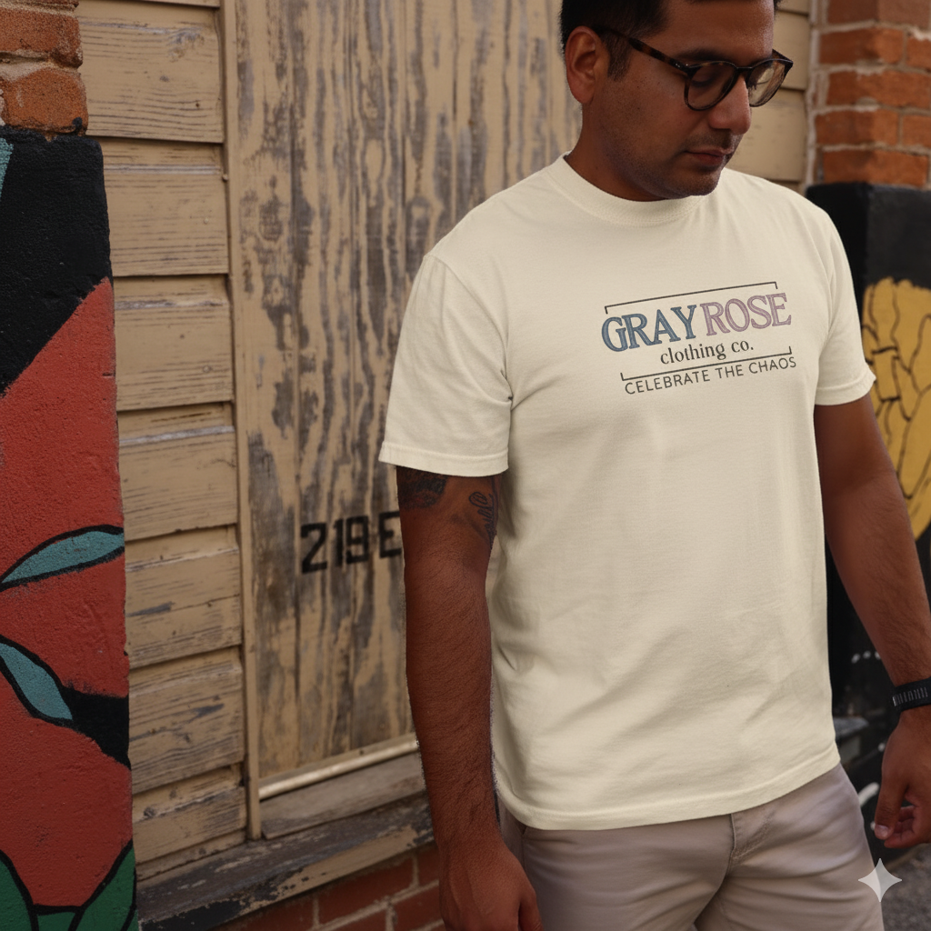 Man wearing a 'Gray Rose Clothing Co.' t-shirt standing against a graffiti-covered wall.