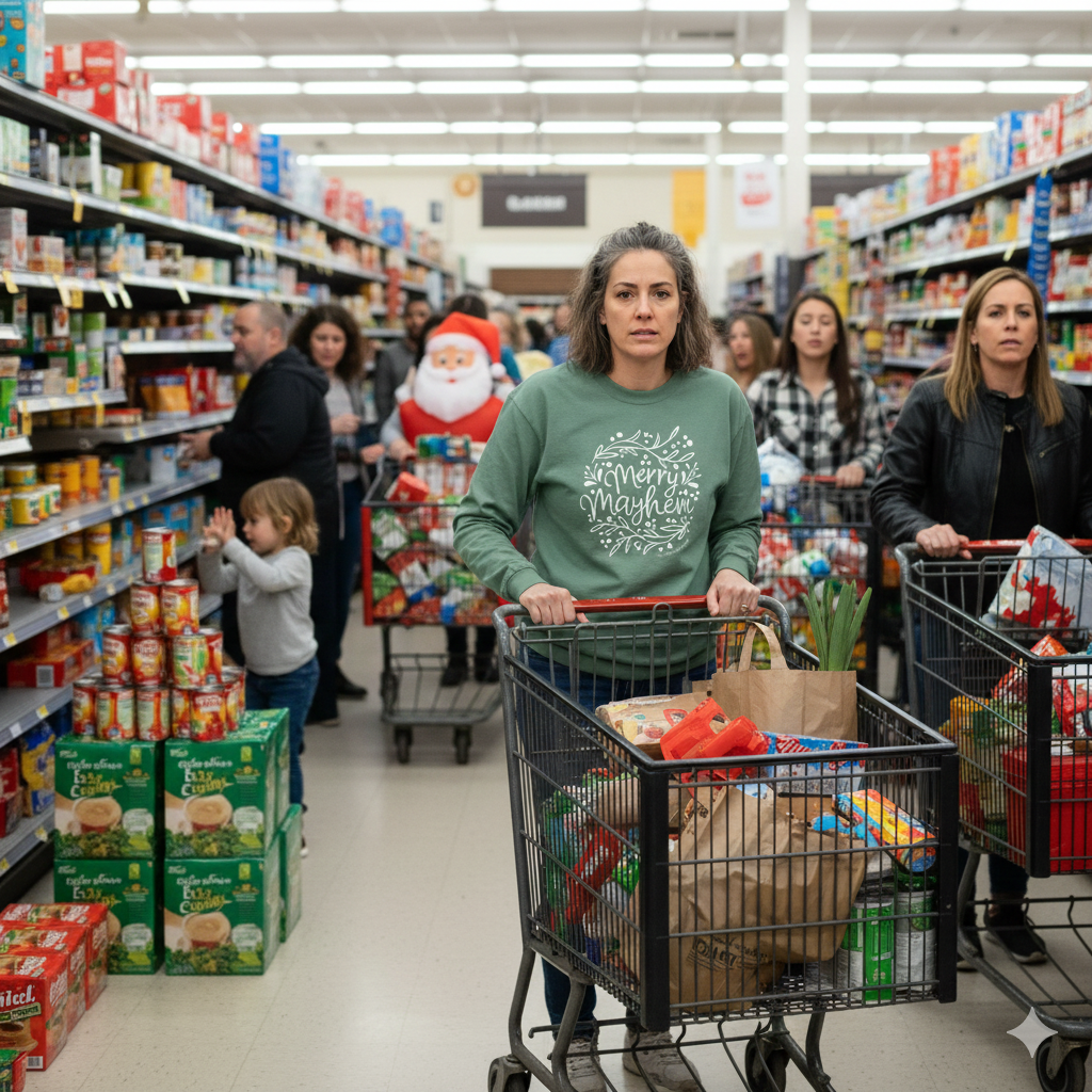 Woman in a grocery store aisle with shopping carts and products around
