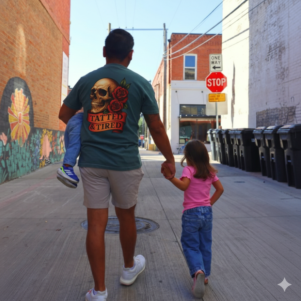 Man walking with two children on a sidewalk with urban elements like a mural and trash cans.