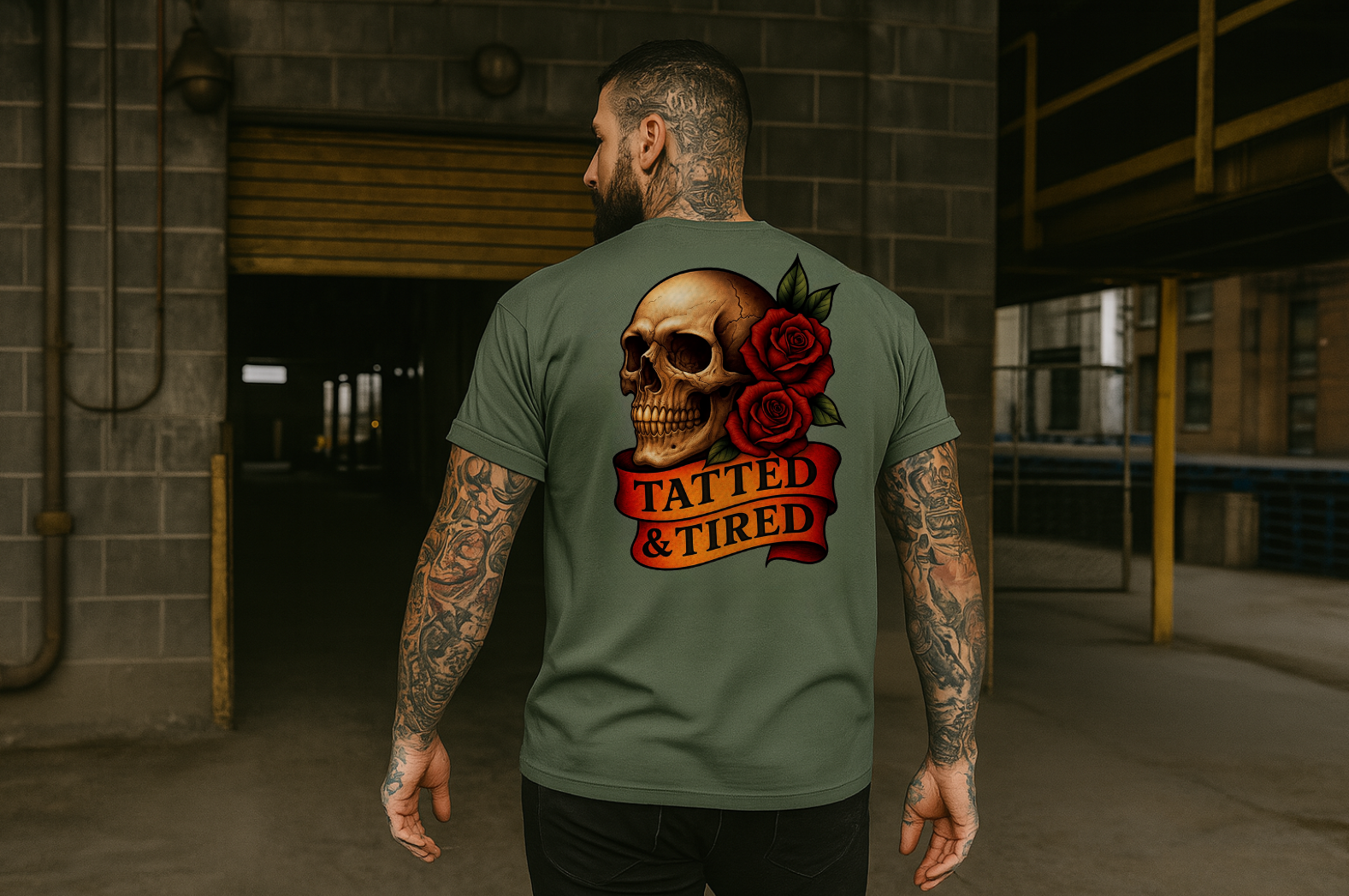 Man wearing a green t-shirt with a skull and roses design in an industrial setting